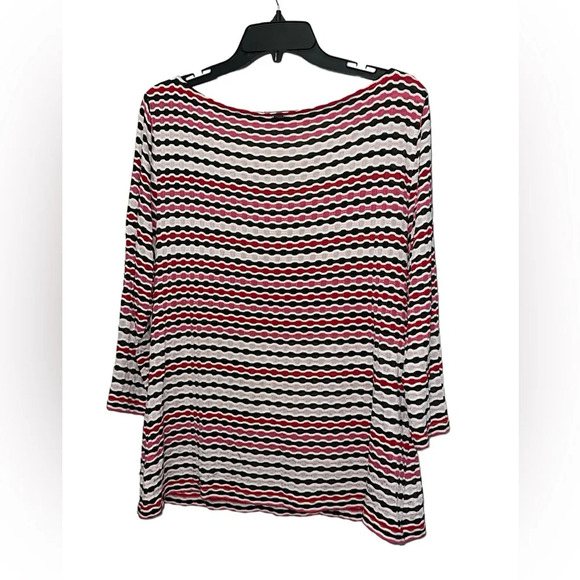 St. John Wavy Striped Bateau Neck Top Size Large 3/4 Sleeve Rayon Travel - Picture 2 of 7